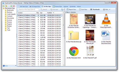 ClipSmartPro History Browser showing a File-Clip