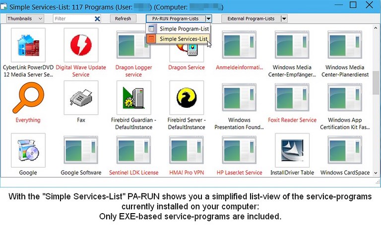Simplified list of installed service programs