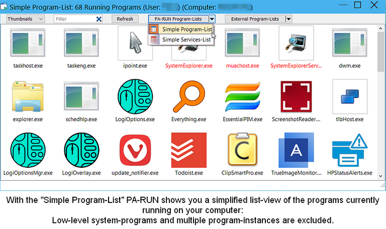 Simplified list of running programs