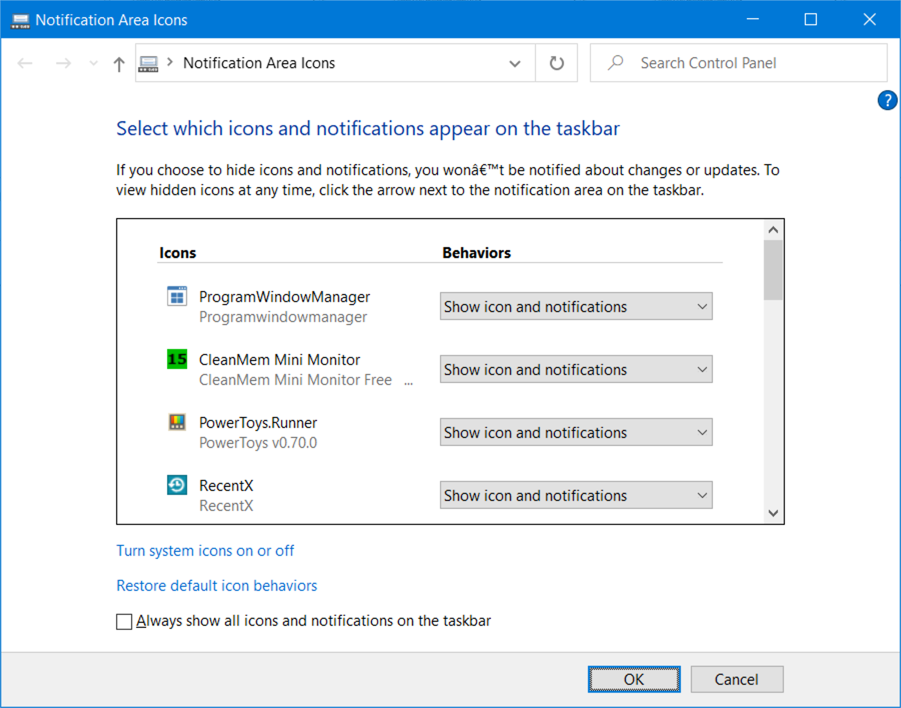 ControlPanelNotificationAreaSettings